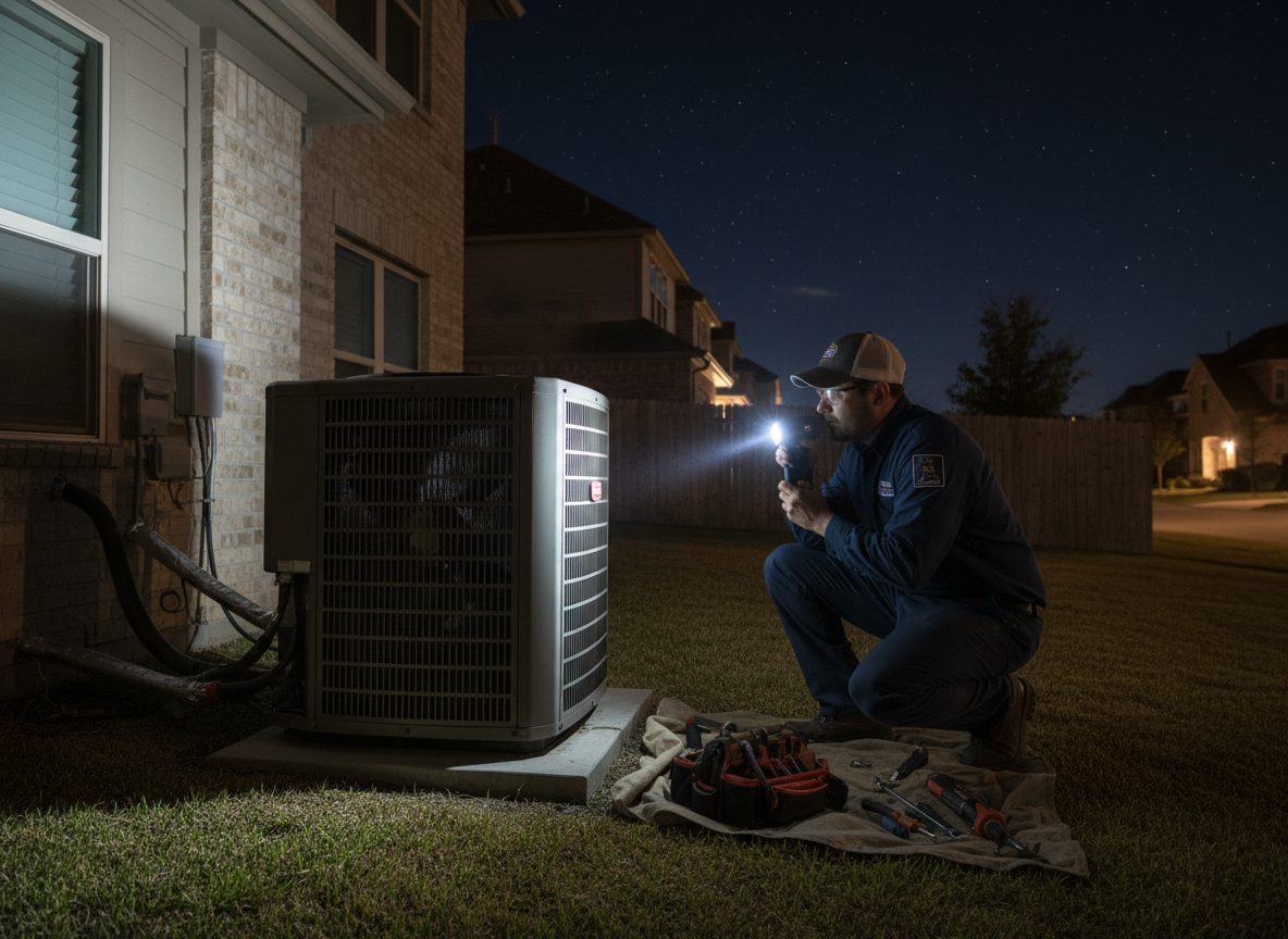 A professional HVAC technician in a dark blue uniform working on an outdoor AC condenser unit at night, using a bright flashlight to inspect the interior components, suburban Texas setting, 4k photorealistic.