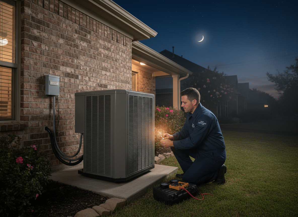 HVAC technician inspecting a residential air conditioning unit at a Texas home during sunset.