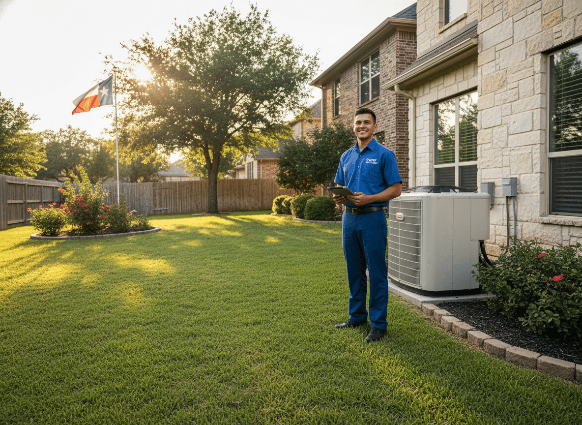 HVAC technician in Katy, TX inspecting a modern outdoor air conditioning unit with a digital tablet.