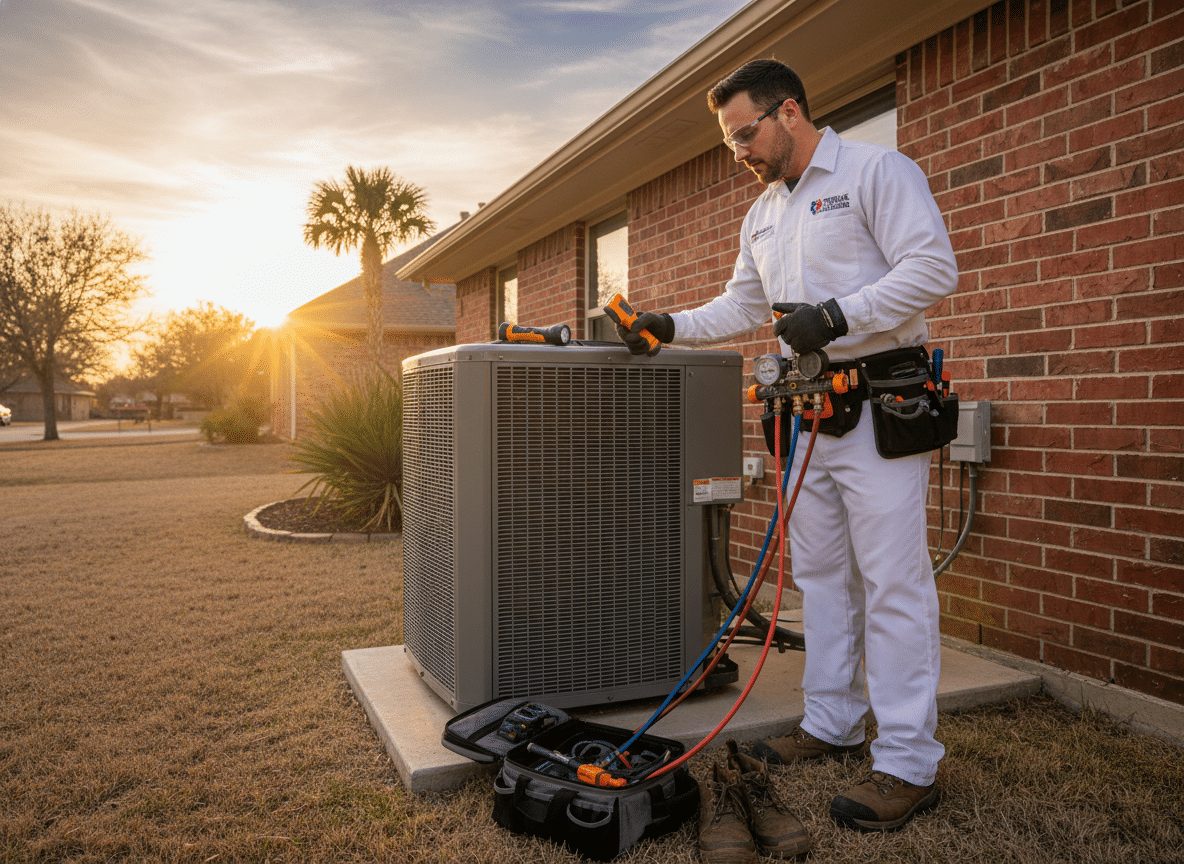 Professional HVAC technician inspecting a Texas residential air conditioning unit at sunset.