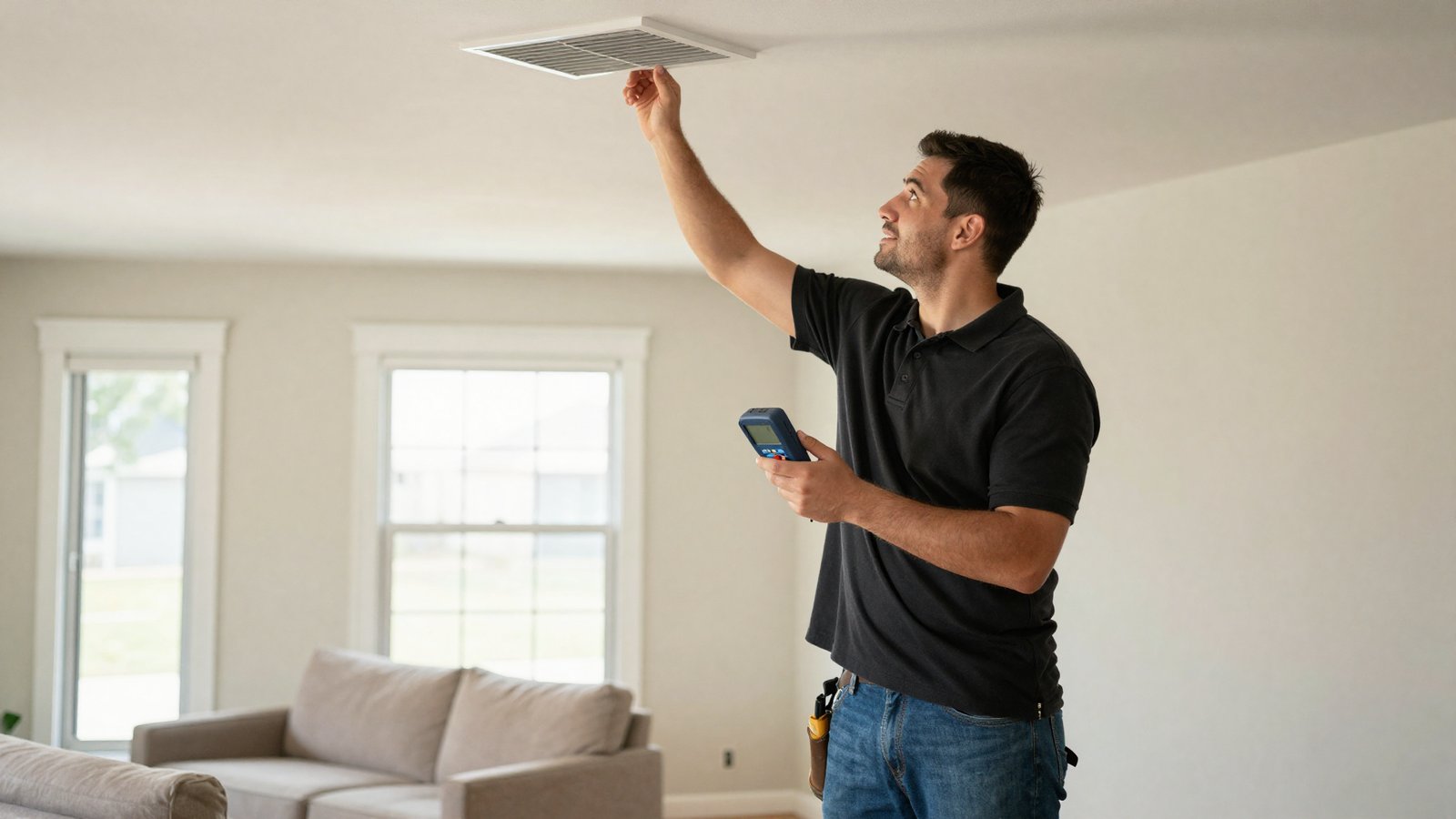 HVAC technician checking supply vent airflow in a Katy, TX home