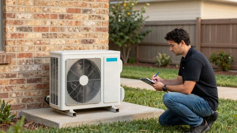 HVAC technician inspecting an outdoor AC condenser for efficiency problems at a Katy, TX home