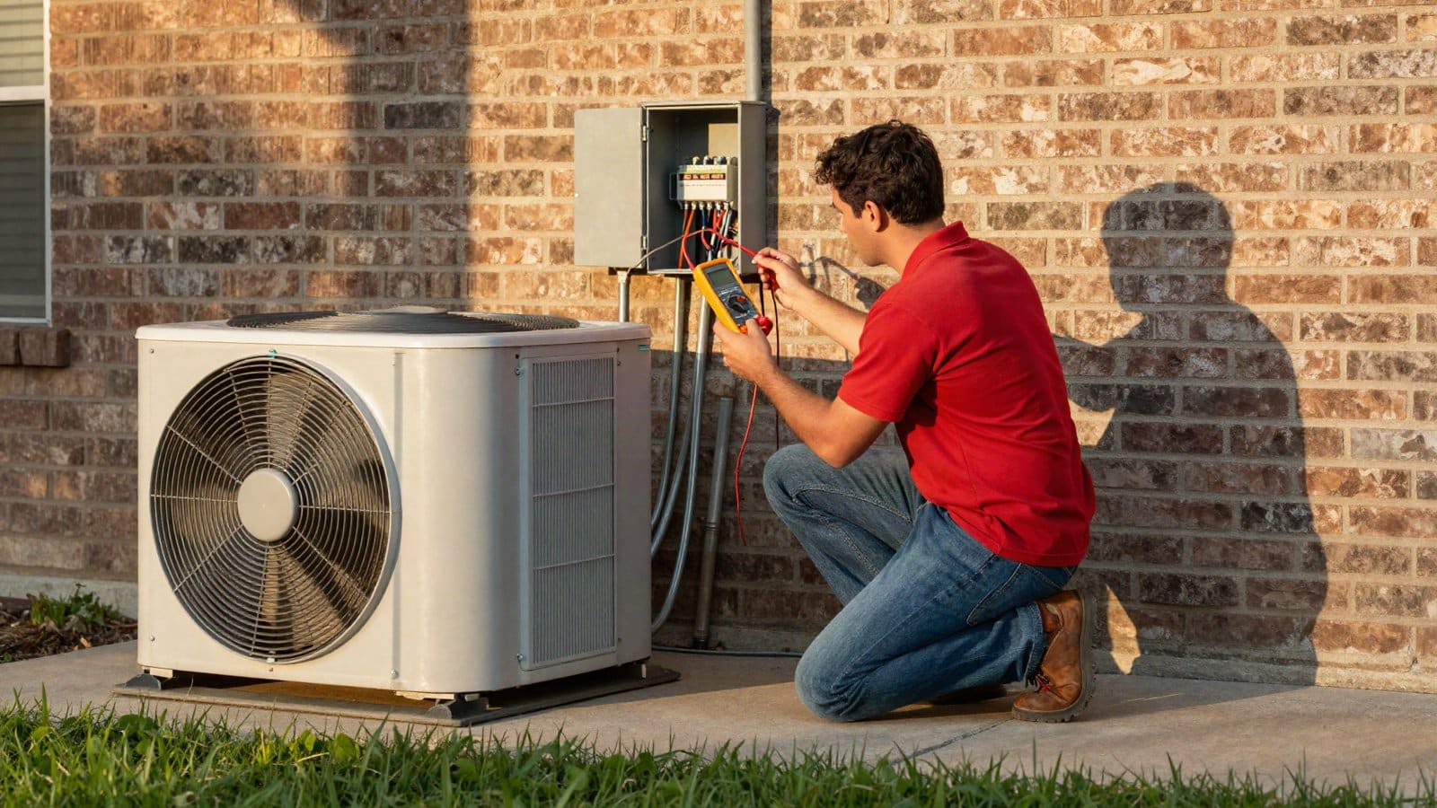 HVAC technician testing the outdoor AC electrical disconnect with a multimeter in Katy, TX