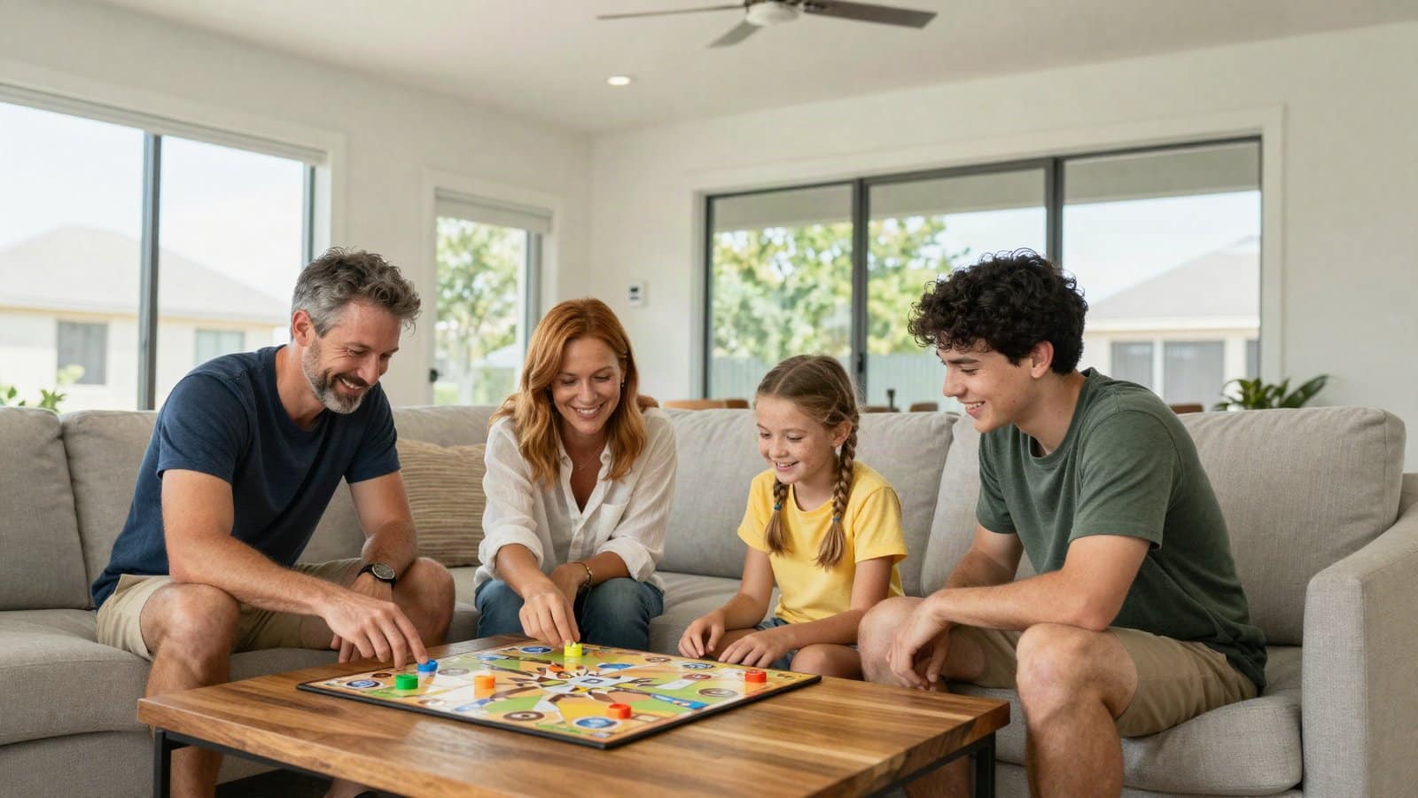 Katy TX family playing a board game in a cool, dry living room after TemperaturePro Katy-Cypress fixed their AC humidity problem