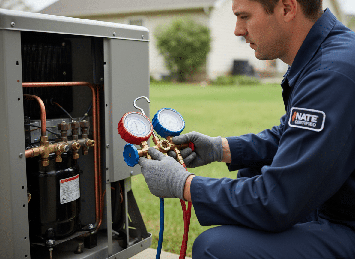 HVAC technician using a digital manifold gauge to check refrigerant levels during a professional AC tune-up.