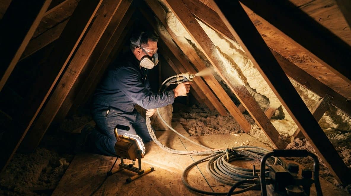 Technician spraying foam insulation along the roof deck of a Katy, TX attic